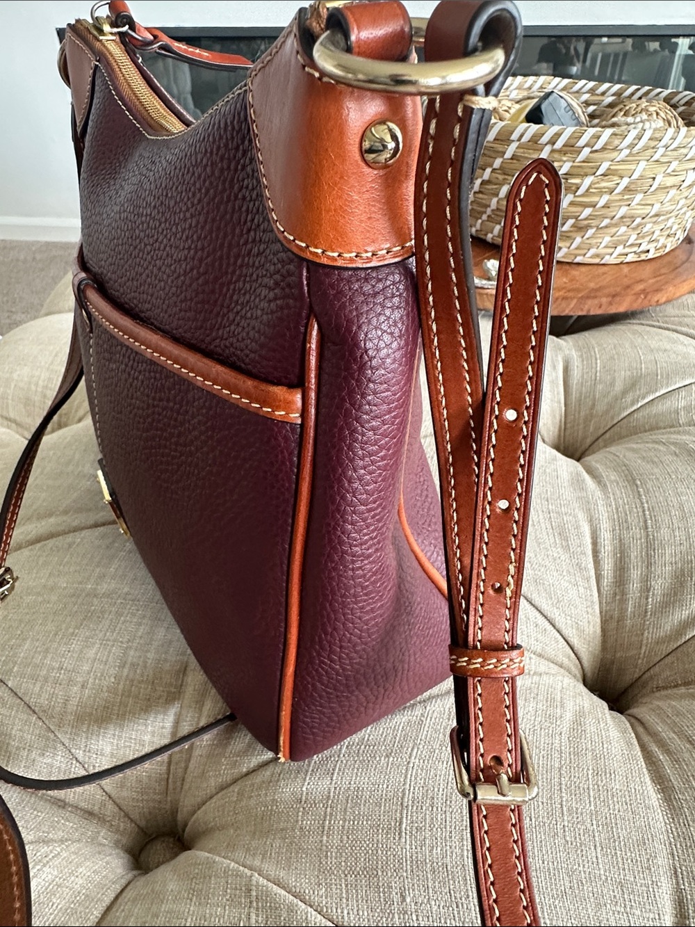 Dooney & Bourke Burgundy Pebble Leather Crossbody with Brown Trim - Picture 4 of 10